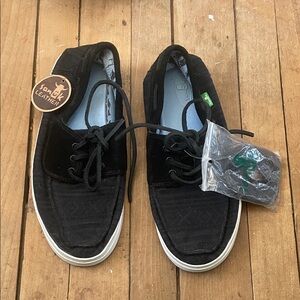 Sanuk Black Canvas & Suede Boat Shoes with White Sole